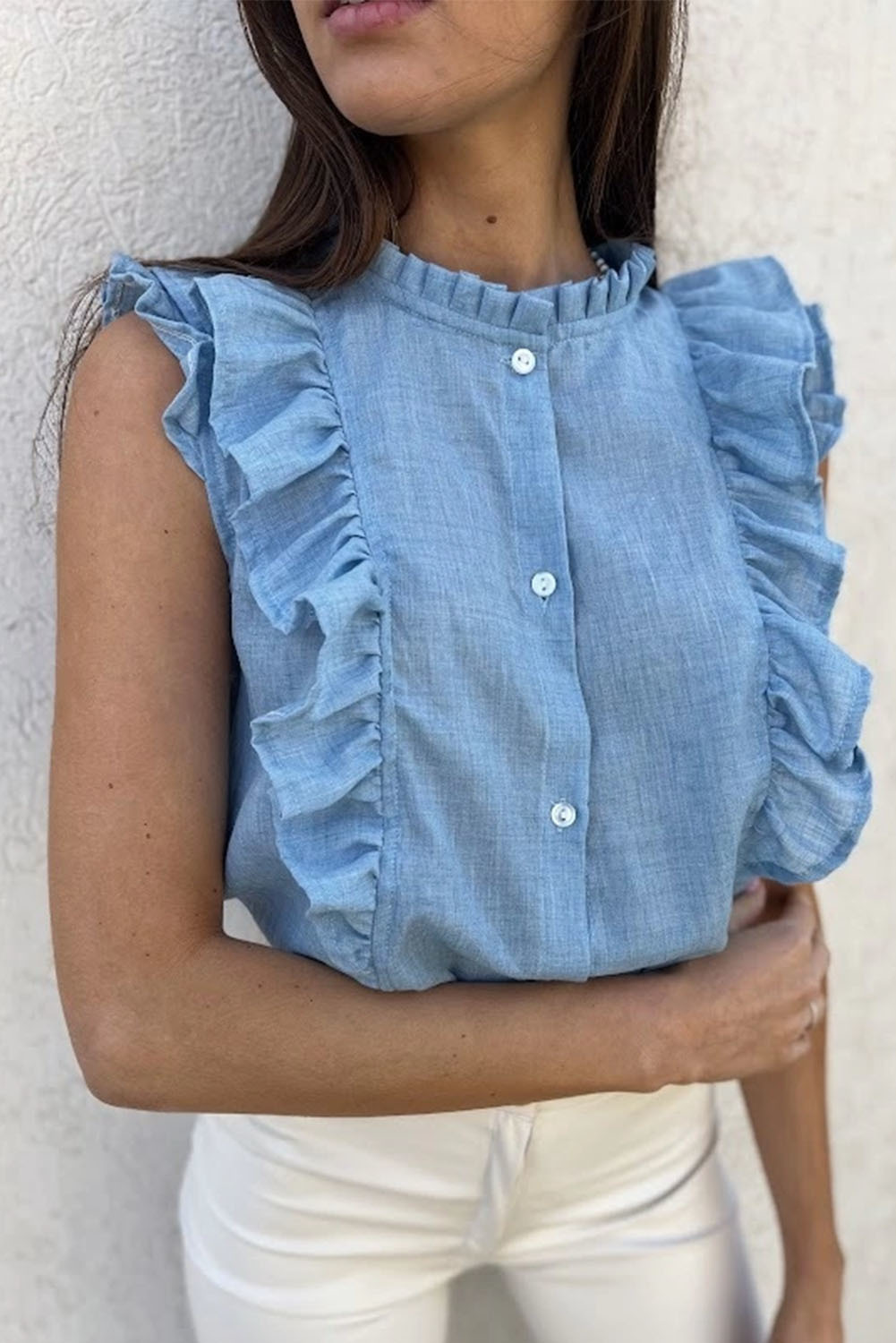 Denim Ruffle Blouse