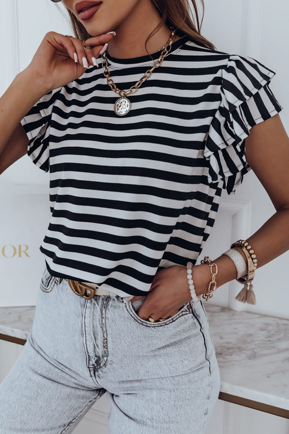 Flutter Sleeve Striped Top