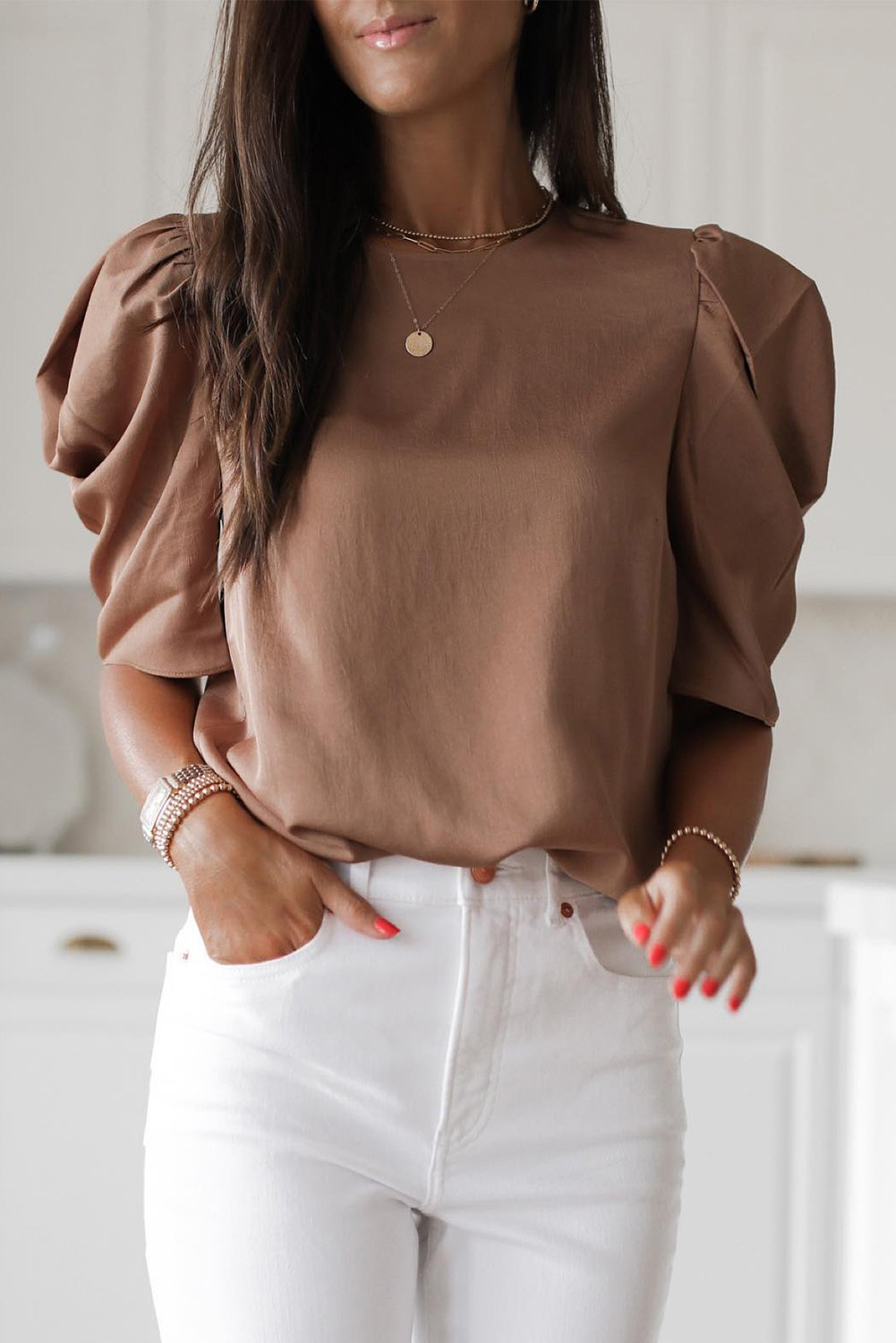 Brown Puff Sleeve Blouse