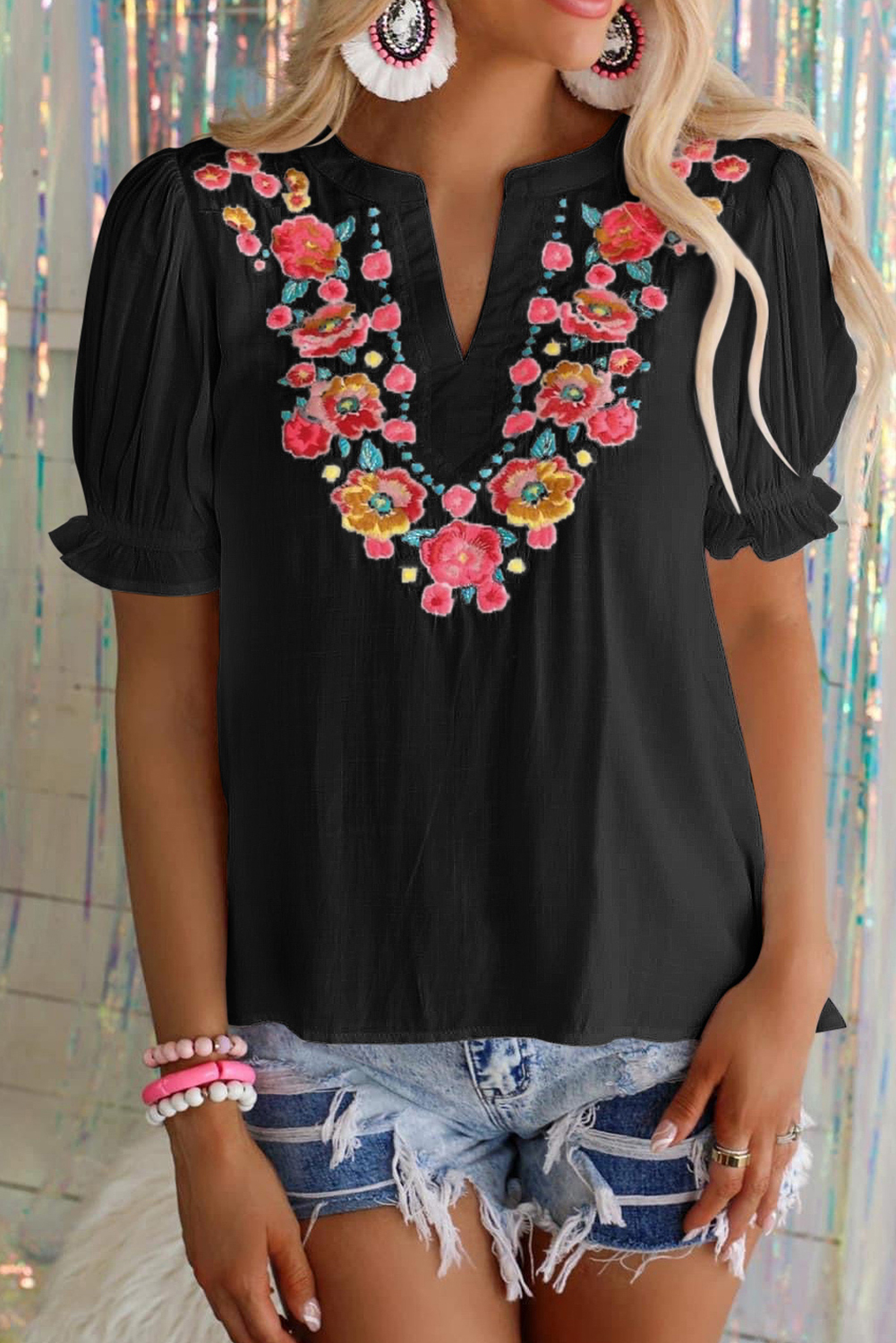 Embroidered Puff Sleeve