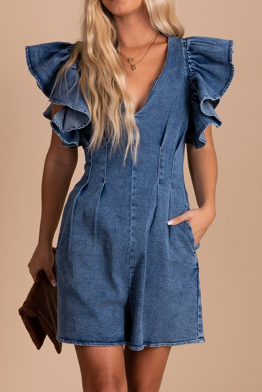 Ruffle Pleated Denim Romper